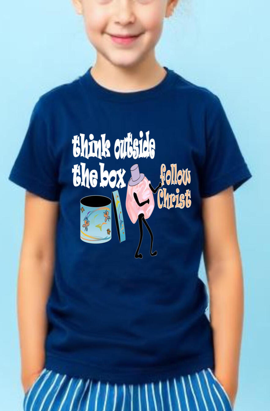 Think Outside The Box Follow Christ Boy's Christian T-shirt, featuring a cartoon brain with a hat and a round decorate box.