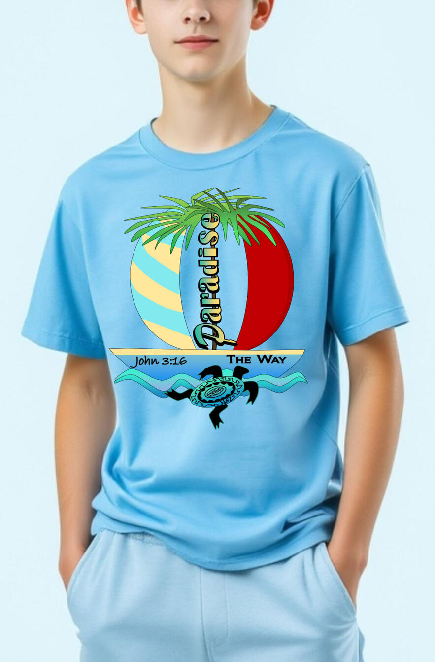 Paradise The Way Boy's Christian T-shirt, featuring a boat , palm tree, and a turtle.