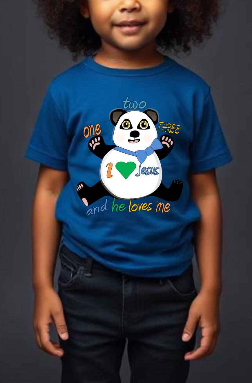 One, Two, Three, I Love Jesus, and he loves me, Boy's Christian T-shirt, featuring a panda bear wearing a blue bow, and a green heart.