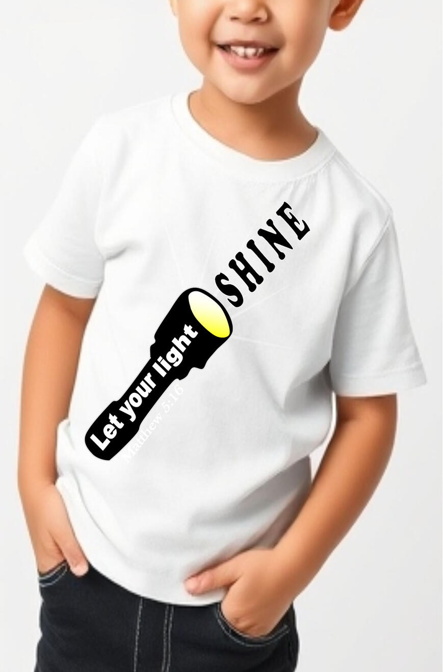 Let Your Light Shine Boy's Christian T-shirt, featuring a flashlight.