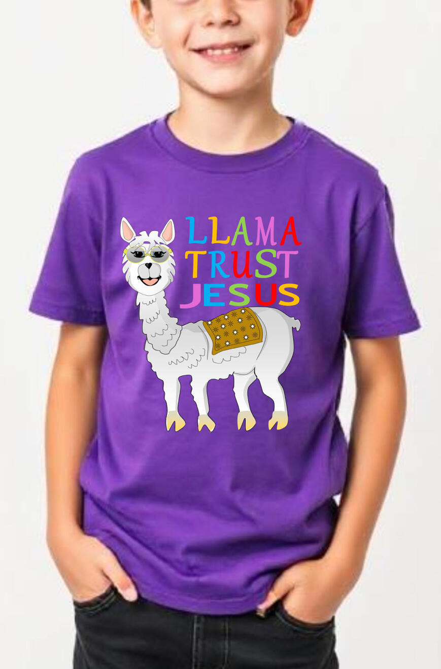 Llama Trust Jesus Boy's Christian T-shirt, featuring a Llama with glasses.