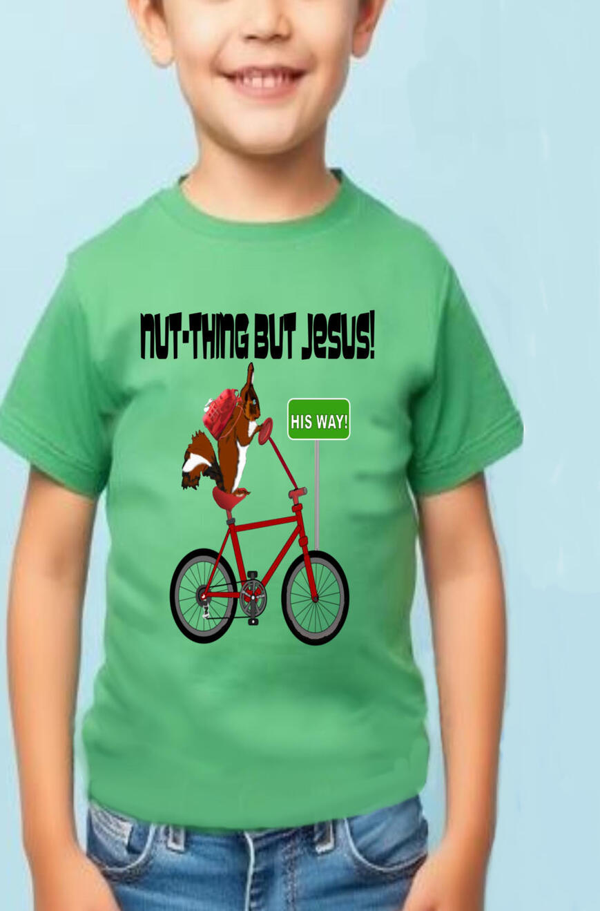 Nut-Thing But Jesus Boy's Christian T-shirt, featuring a squirrel on a bicycle with a sign that says, "HIs Way."
