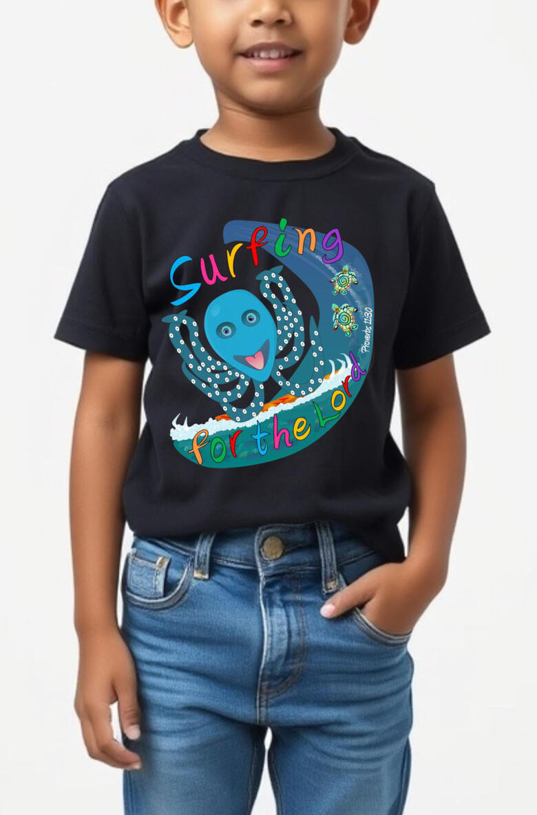 Surfuring For The Lord Christian Boy's T-shirt. Featuring a colorful scene of an Octopus on a surfing board.