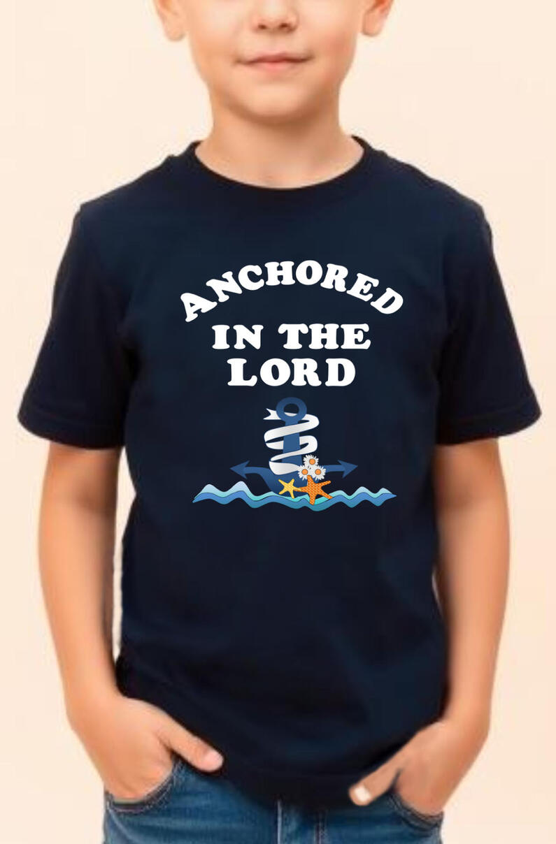 Anchored In The Lord Boy's Christian T-shirt, features a boat anchor with starfish.