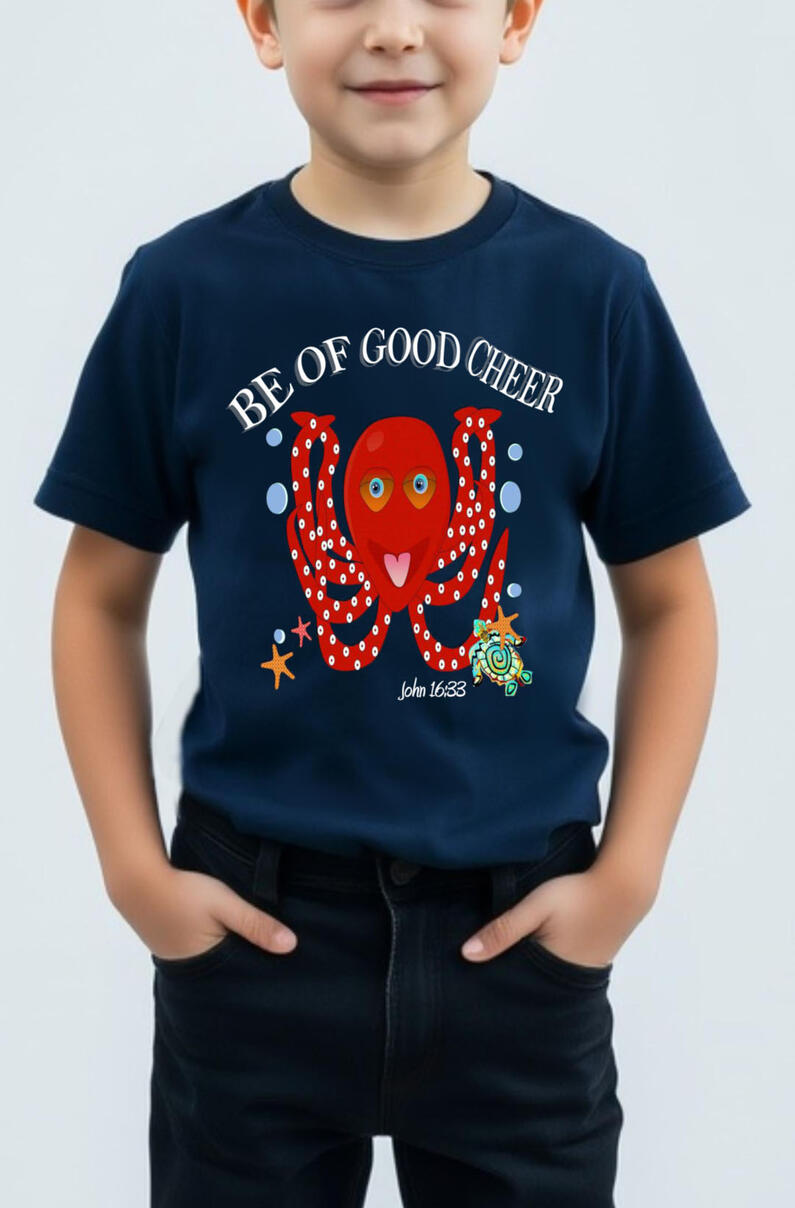 Be Of Good Cheer Boy's Christian T-shirt, featuring a red Octopus, bubbles, starfish, and a turtle.