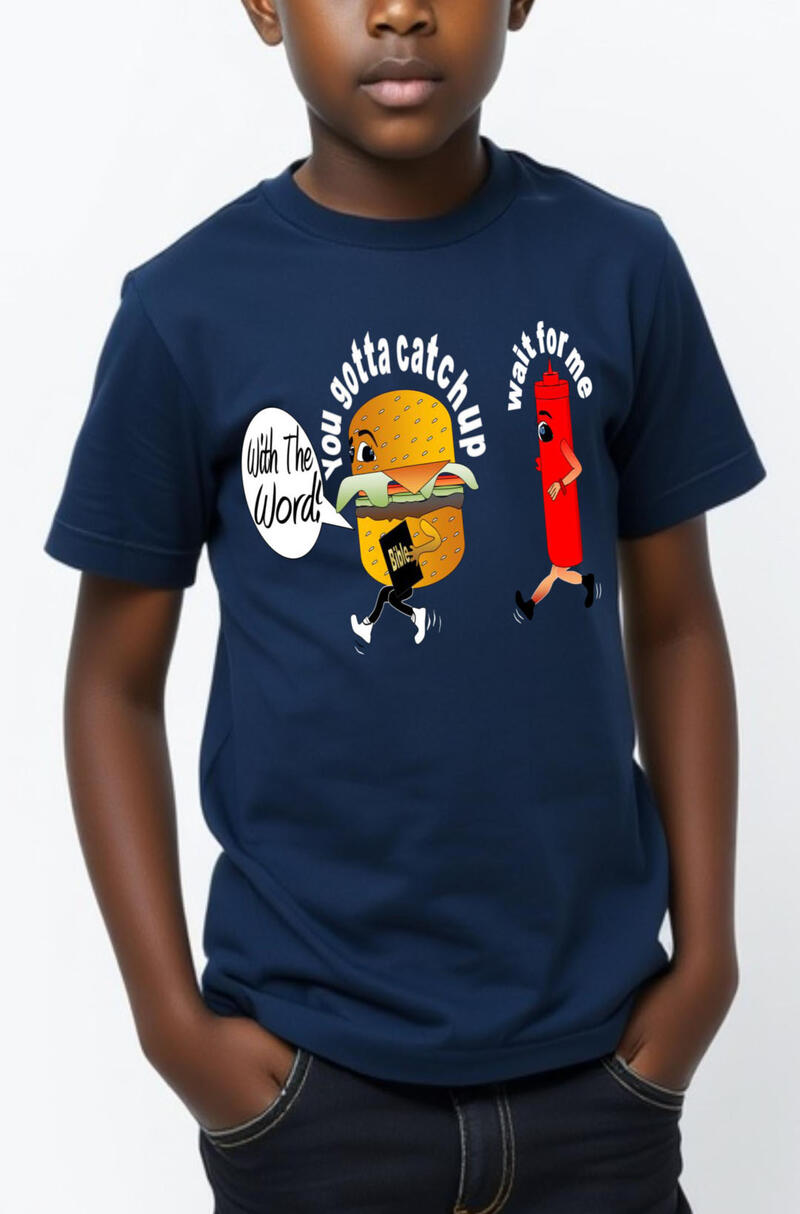Catch Up, Hungry For The Word Boy's T-shirt, featuring a cartoon hamburger, with a ketchup bottle running after it.