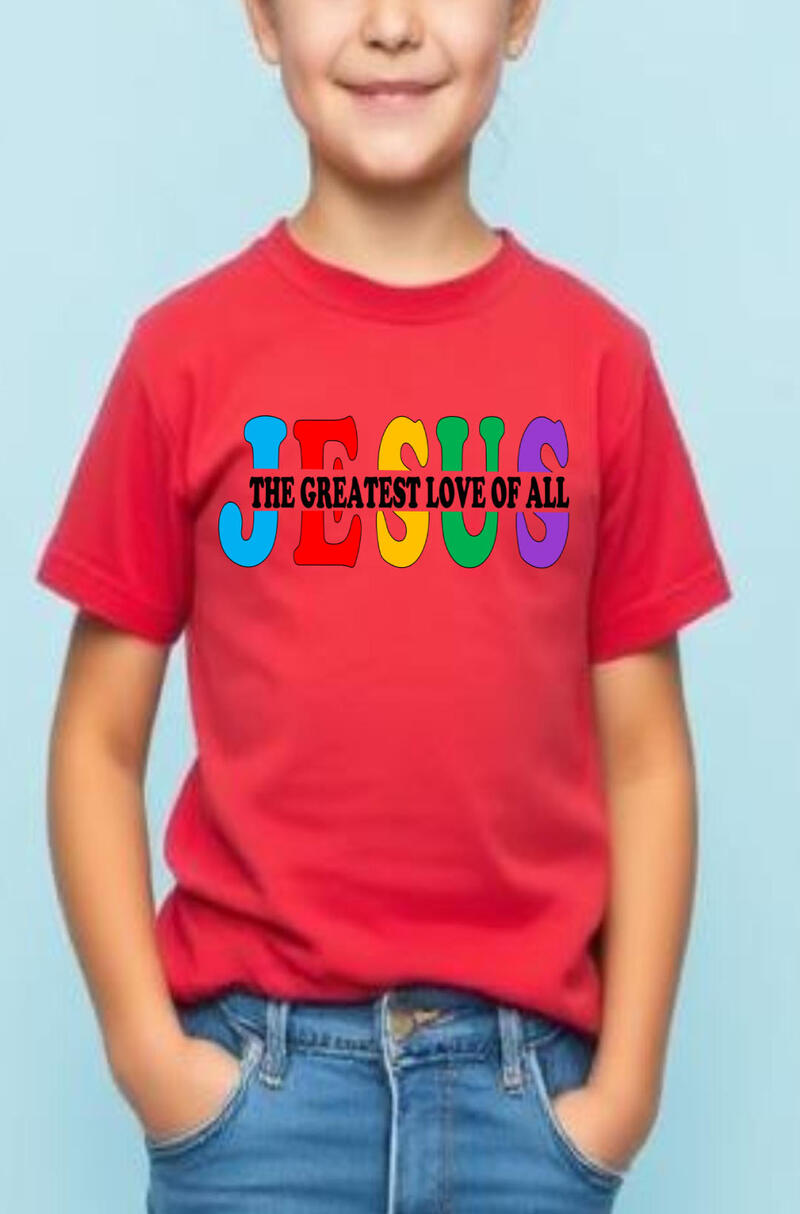 Jesus The Greatest Love of All Boy's Christian T-shirt, featuring big bold letters in different colors that spell "JESUS."