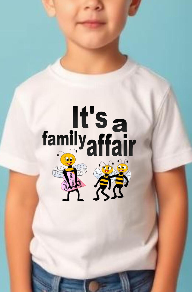 It's A Family Affair Boy's Christian T-shirt, featuring a mother bumble bee carrying a heart, and her two bumble bee babies.